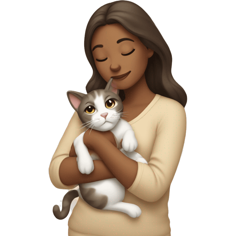 Brunette woman snuggling creamy colored  cat emoji