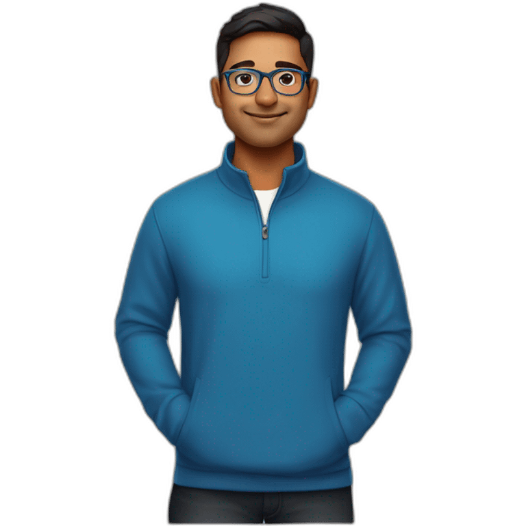 29 year old indian tech founder clean shaven in blue quarter zip with pebbled tortoiseshell glasses emoji