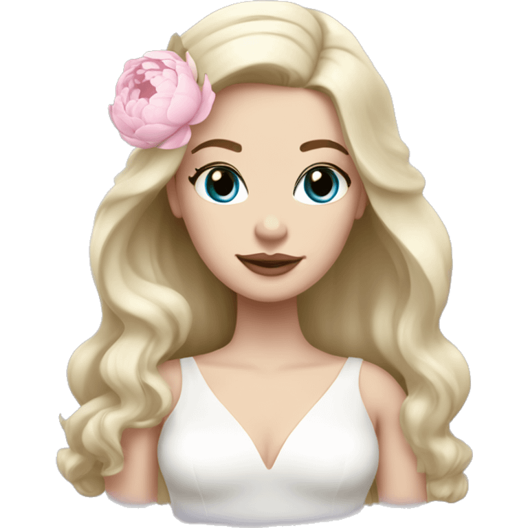 White bride with long light blonde hair and blue eyes with light pink peonies in hair white skin  emoji