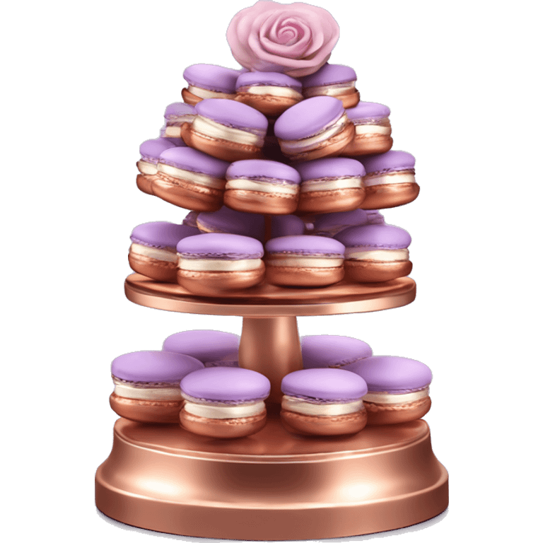 Realistic isolated rose gold layered stand with lavender and rose gold macaroons on the stand. emoji