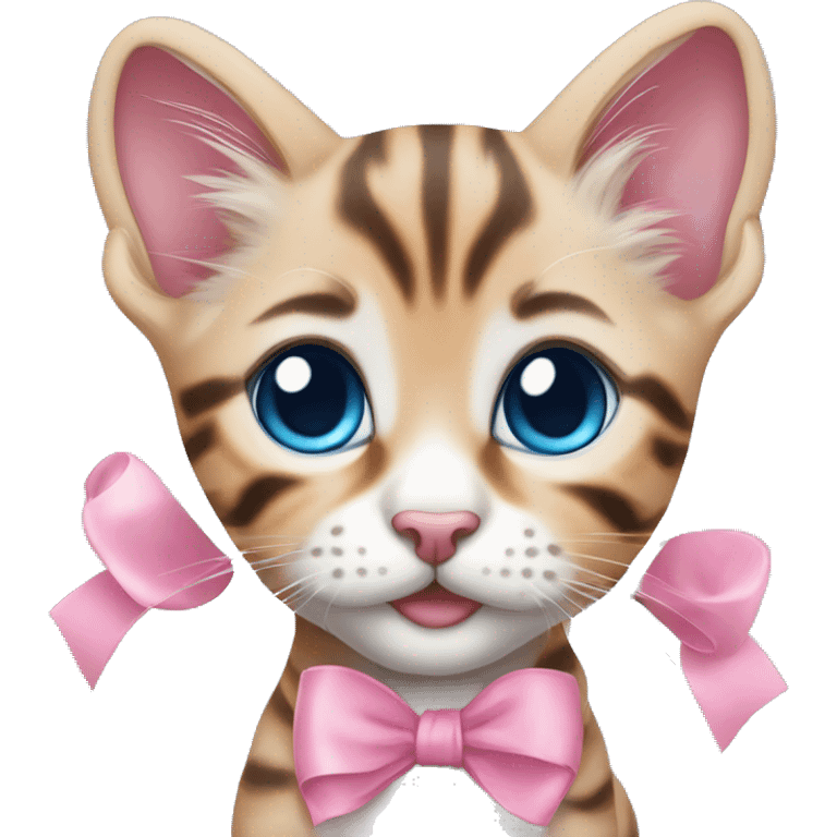 Cute little Bengal kitten with a pink bow on her head, blue eyes and light fur  emoji