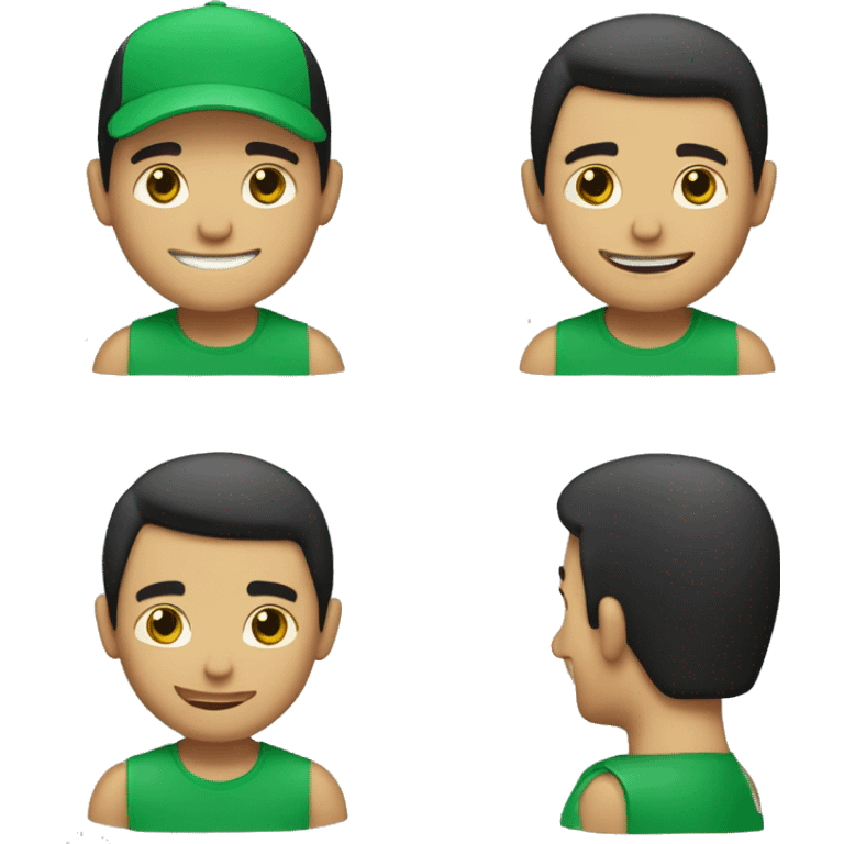 "white man, black hair, green cap, smiling solo in a green T-shirt."  emoji