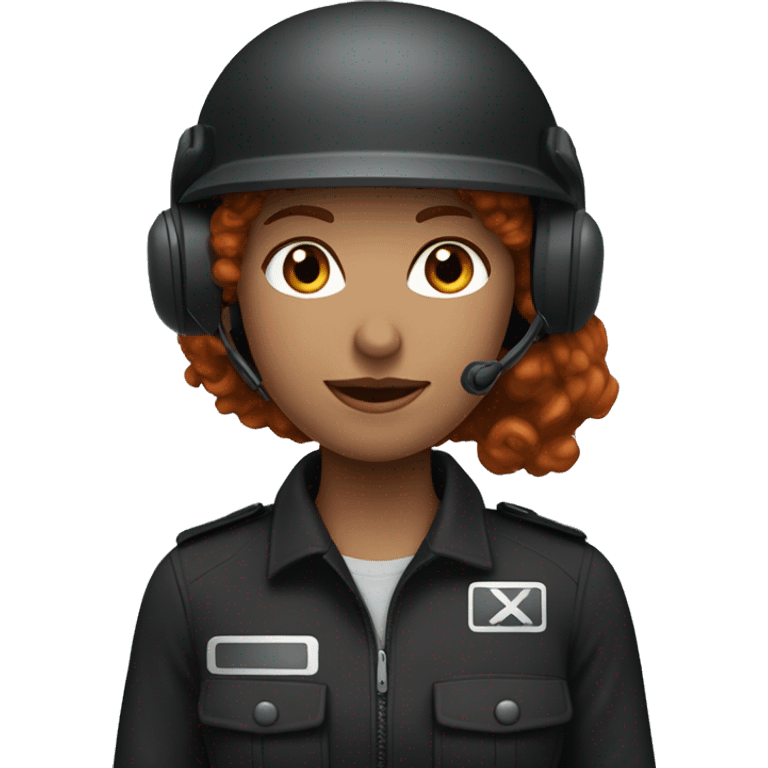 operator dressed in black with a milatary helmet, without glasses, wearing a headset, ready to respond to alerts, preferably curly redhead female  emoji