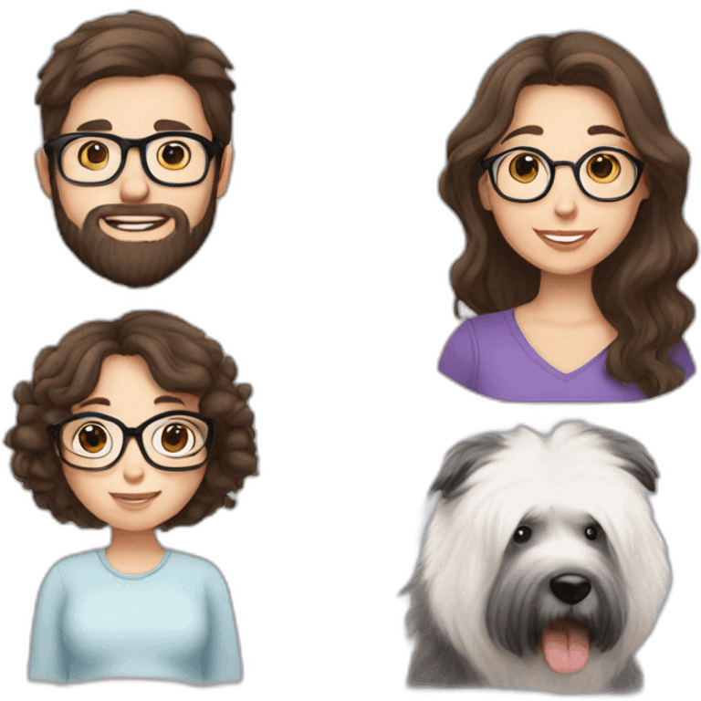 Pregnant girl with half long brown hair with glasses, a boy with long beard, glasses and short hair and english sheepdog emoji