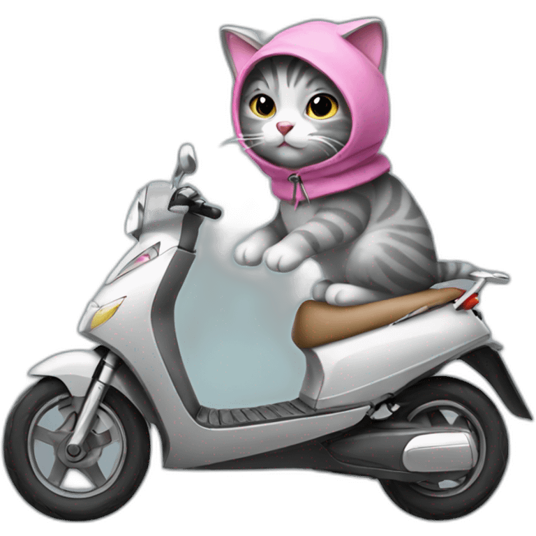 A gray stuffed cat. This cat is wearing a sleeveless sweater with a pink hood. He rides a manual scooter. emoji