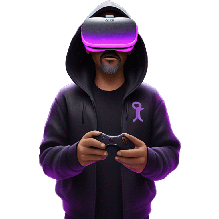 Big Lebowski wearing a black hoodie with "OMG" letters on it and VR headset oculus quest 2 in a cyberpunk VR environment with violet neon lighting. emoji