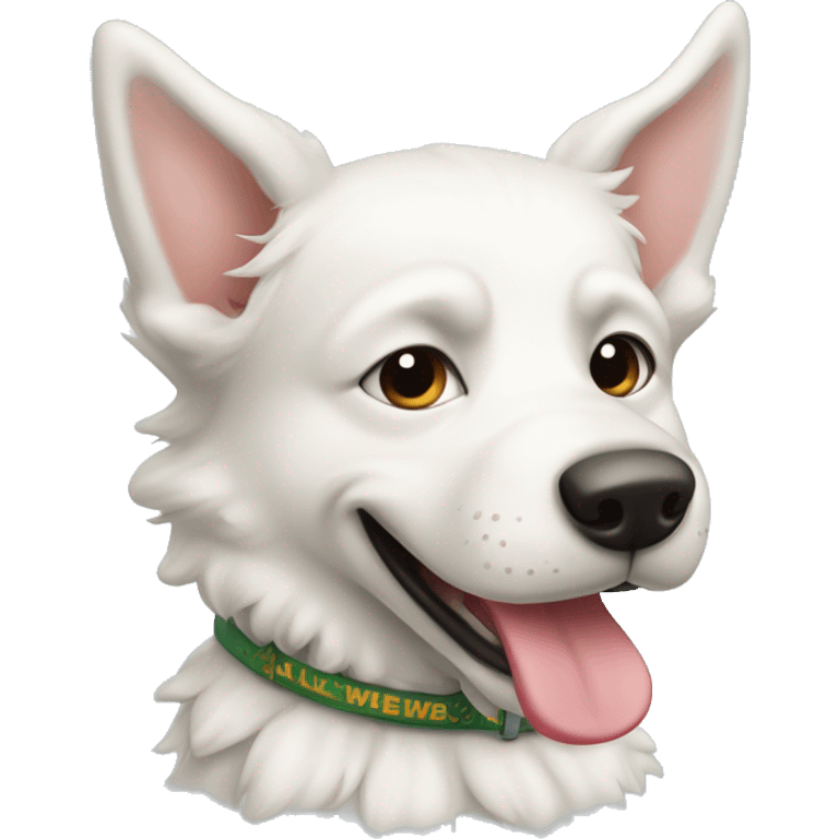 a white swiss sheperd dog with a smile and a collar saying: Arrow emoji