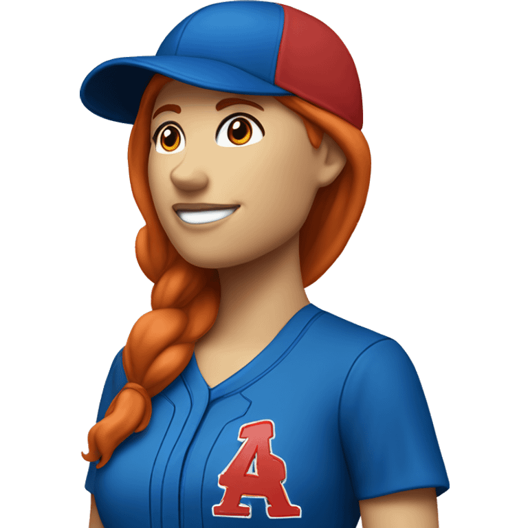 standing up white female coach with red long hair in blue simple t-shirt and with a simple blue baseball hat emoji