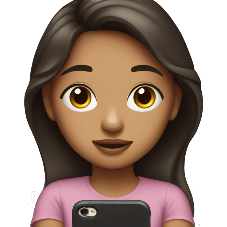 beautiful girl with dark brown hair sitting on her iphone emoji