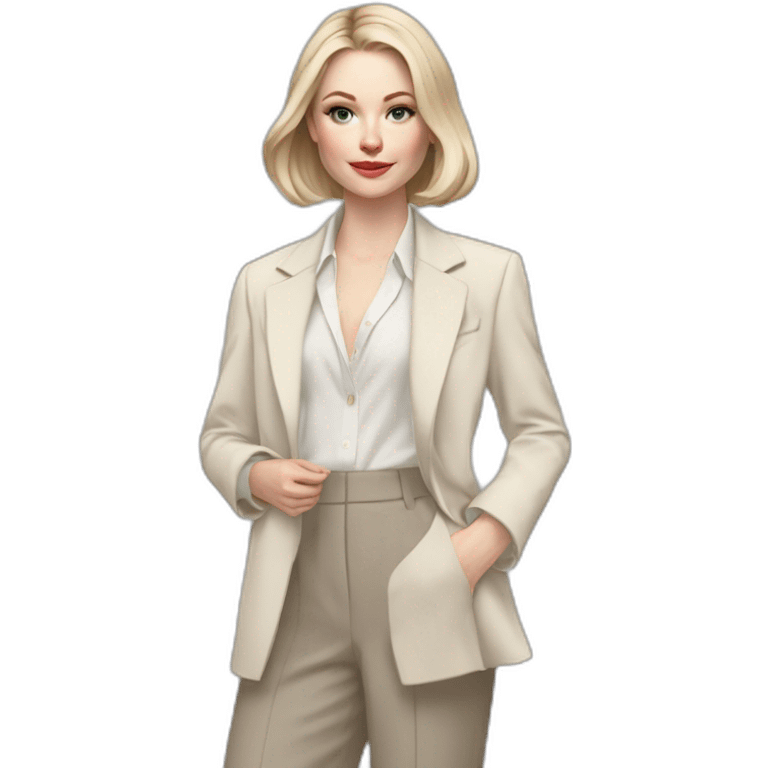 pale skin woman with ash blonde Straightened bob Hair, White Spacious classical jacket, beige palazzo Arrow pants and gray blouse holding a color palette in the hands emoji