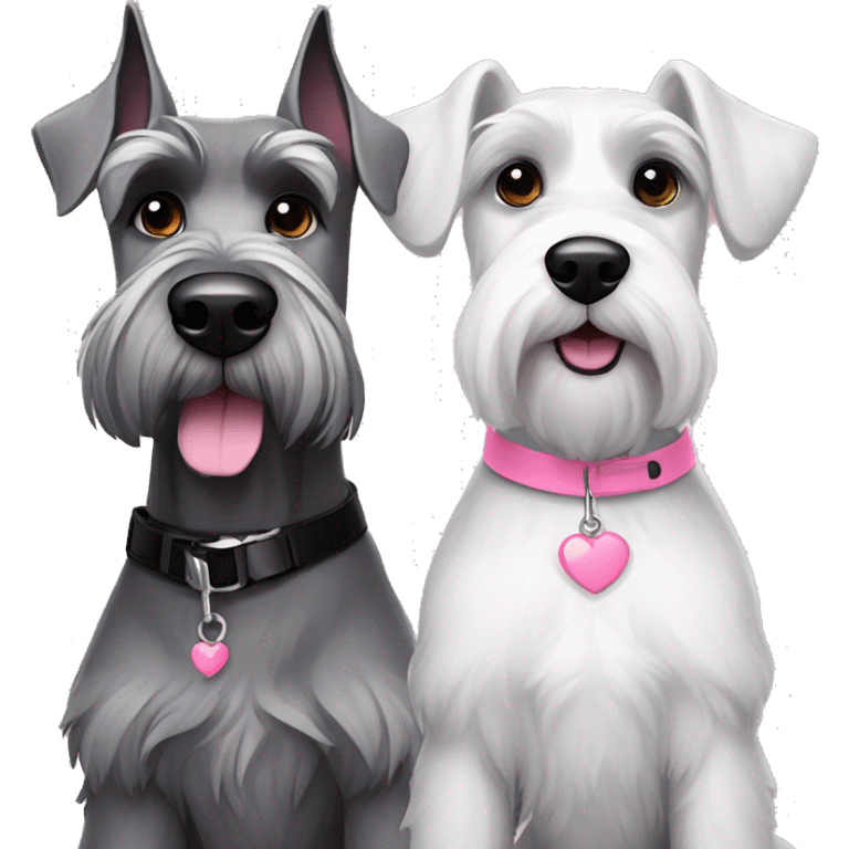 A big gray schnauzer with dark eyes wearing a black collar next to a small all white puppy schnauzer wearing a pink collar  emoji