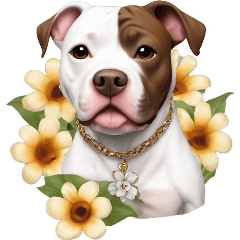 White pit bull with big brown spots on body and flower necklace emoji