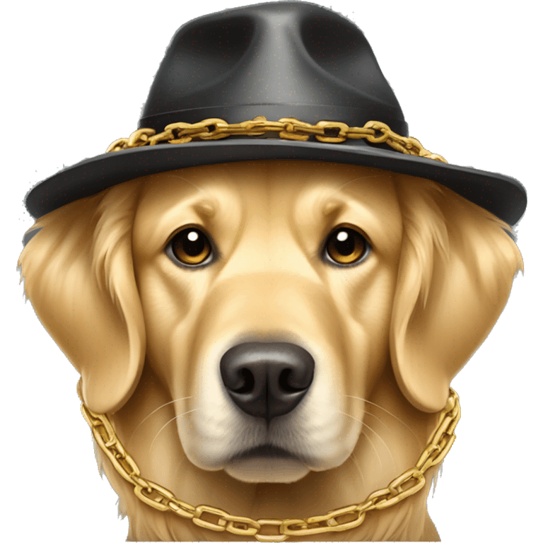 Golden retriever wearing chains and a hat that looks like a gangster emoji