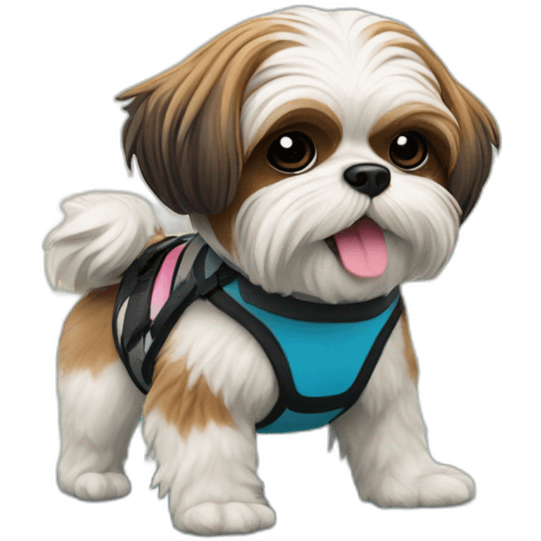 A Shih Tzu character in NFT style riding a wakeboard with a resort in the background. emoji