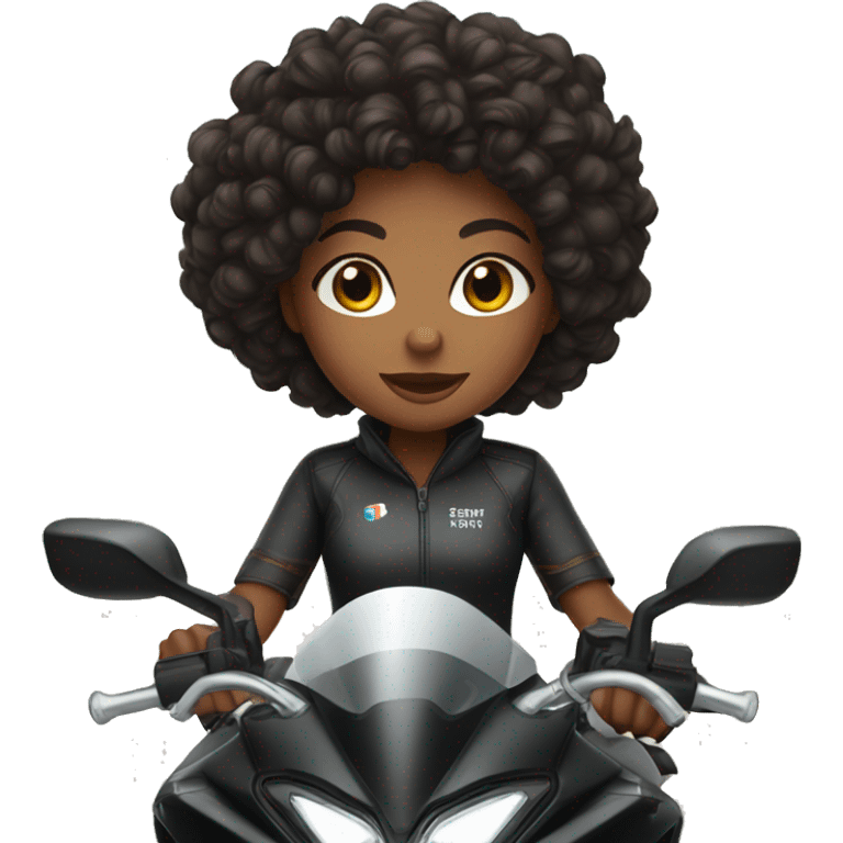 A brown skin girl with curly black hair on a black sports bike  emoji