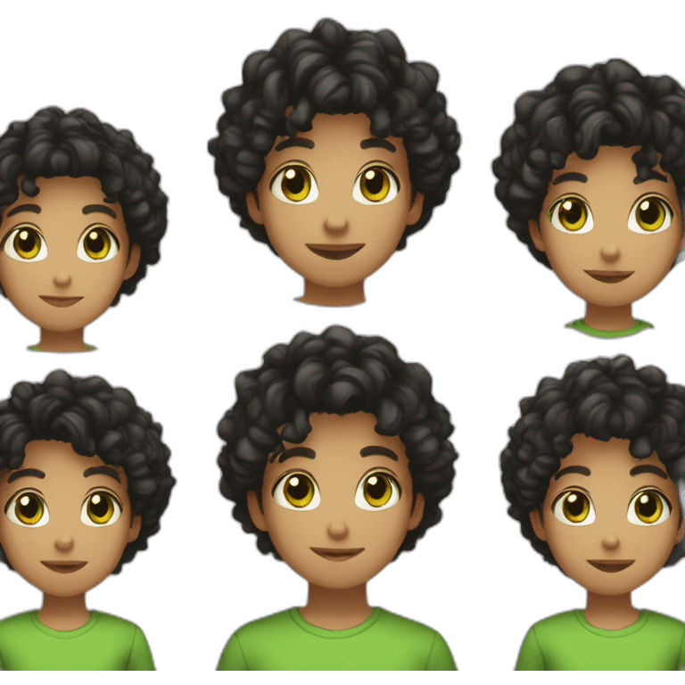 Young adult, white skin, hazel eyes, curly black hair middle part long, green shirt emoji