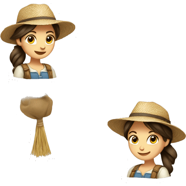 farmer girl, blue eyes, darkn brown hair, with a straw hat, ponytail, holding greens emoji