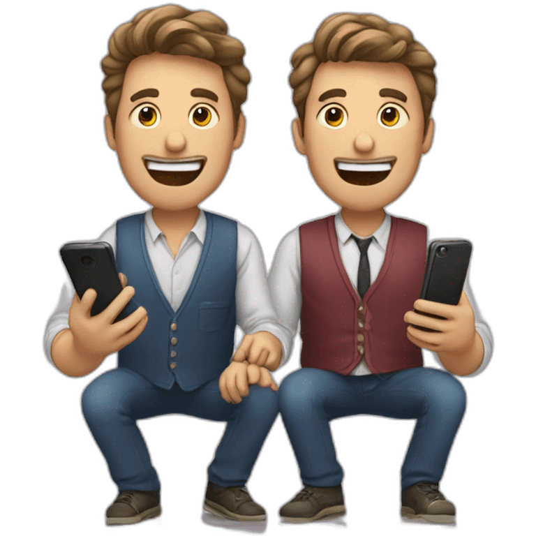 dois homens comemorando com celular emoji