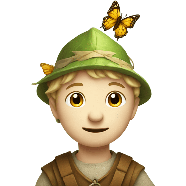 Medieval little whimsical little boy who is pale and he has a leaf hat and is riding a butterfly emoji