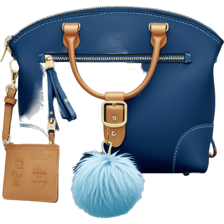 Realistic navy blue domed Dooney and Bourke satchel hand bag with light blue pompom keychain clipped onto it. emoji