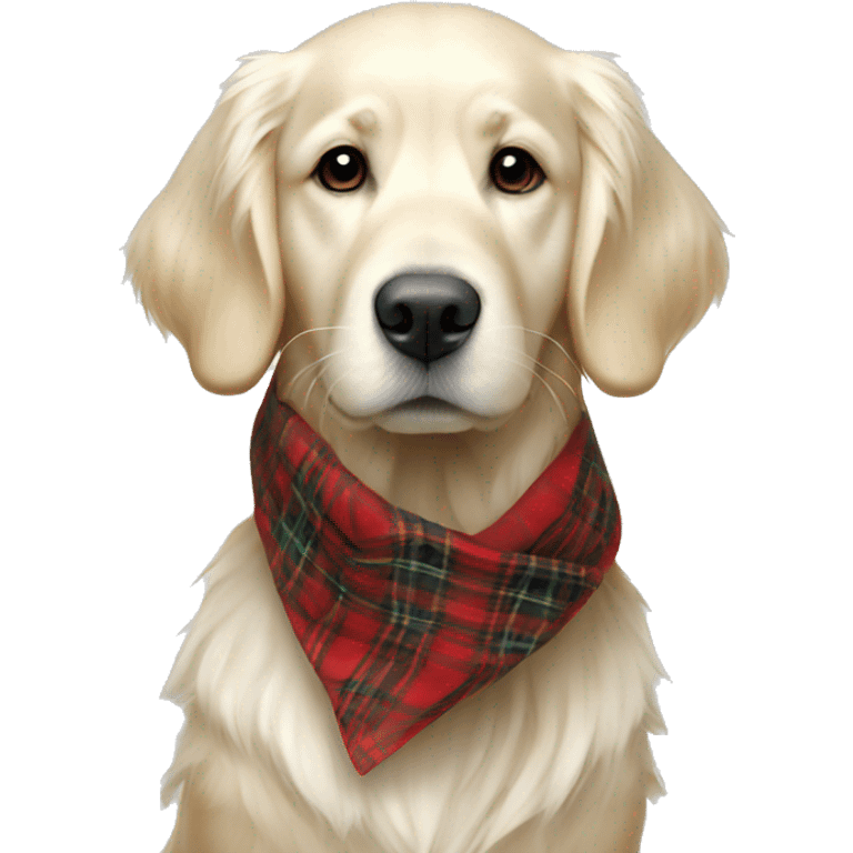 White golden retriever wearing a red plaid scarf emoji