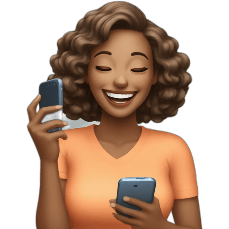 beautiful woman laughing while looking at her cell phone emoji