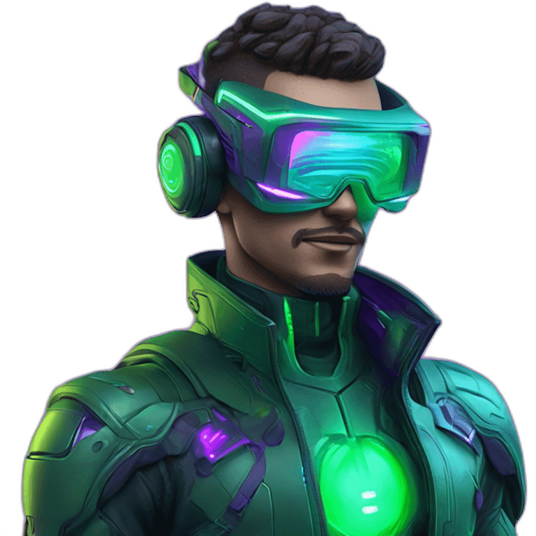 A hiperrealistc cyberwear futuristic metaverse Man playing with holograms cyberwear techwear green and purple neon perfect lights add a Futuristic cyberpunk metaverse headset emoji