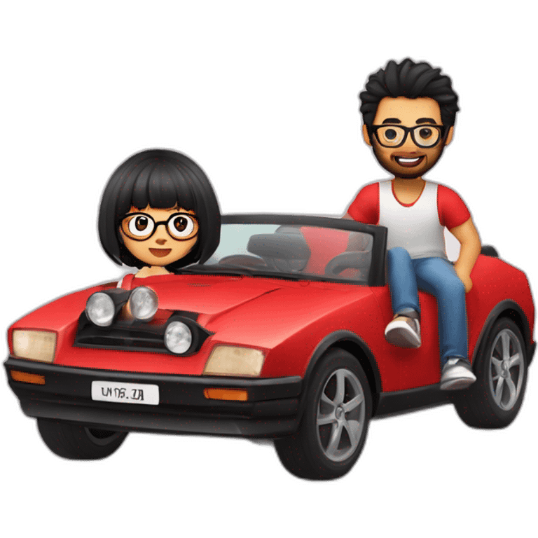 man with black hair and beard drive a red sportive car. A girl is settled near him. The girl wear glasses and she have black hair with bangs emoji