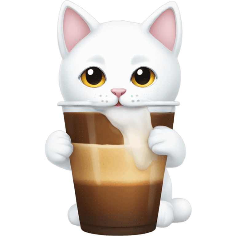 White cat drinking ice coffee  emoji