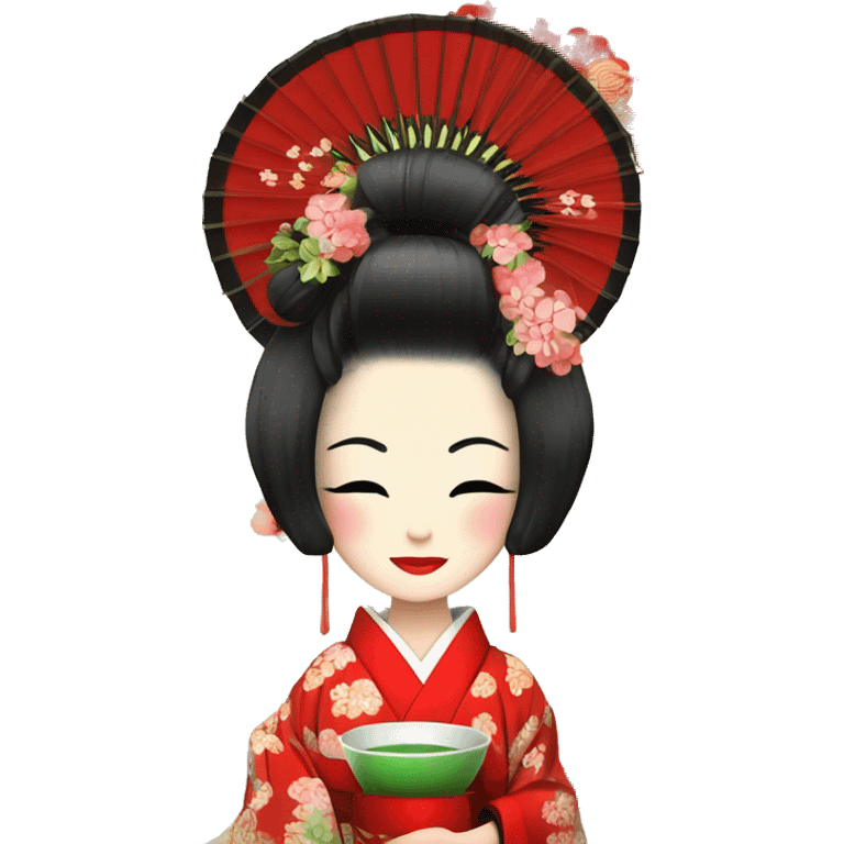 Geisha. kimono rojo. ojos verdes. ceremonia del té  emoji