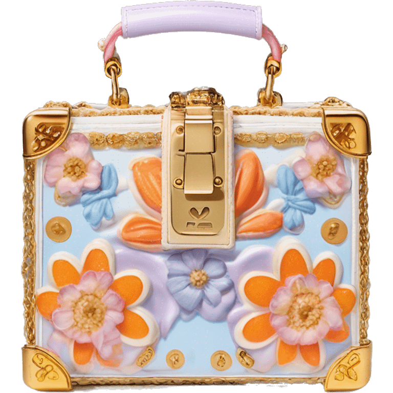 Dolce and Gabbana small box bag with white and colourful lavender light blue orange pink summer print and golden detais 2023 emoji