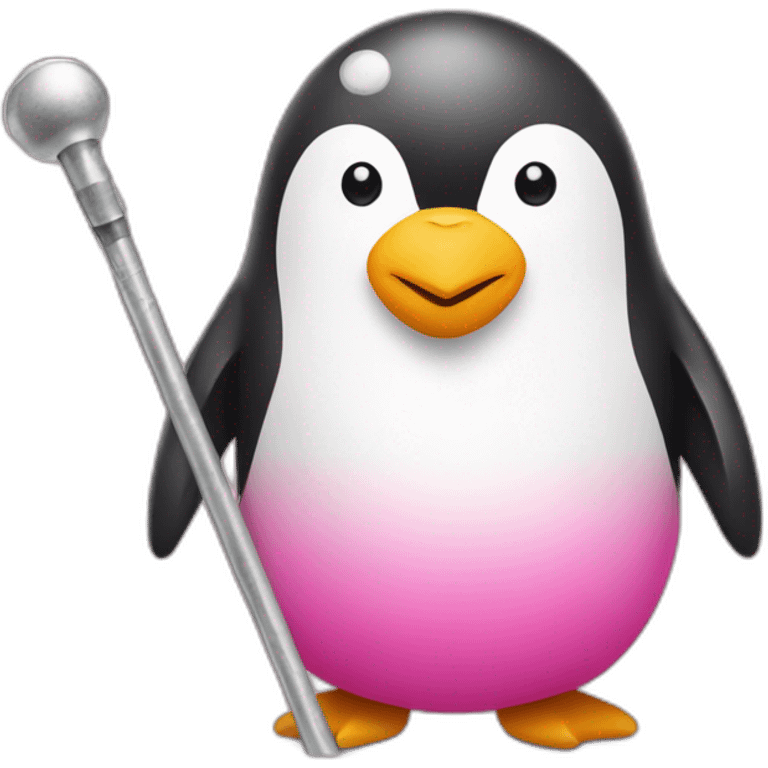 Penguin in a pink bikini holding onto a metal stick  emoji