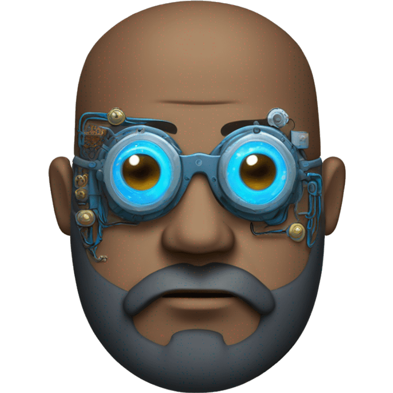 Bearded Fat bald cyborg head with brown skin, blue steampunk goggles and circuits emoji