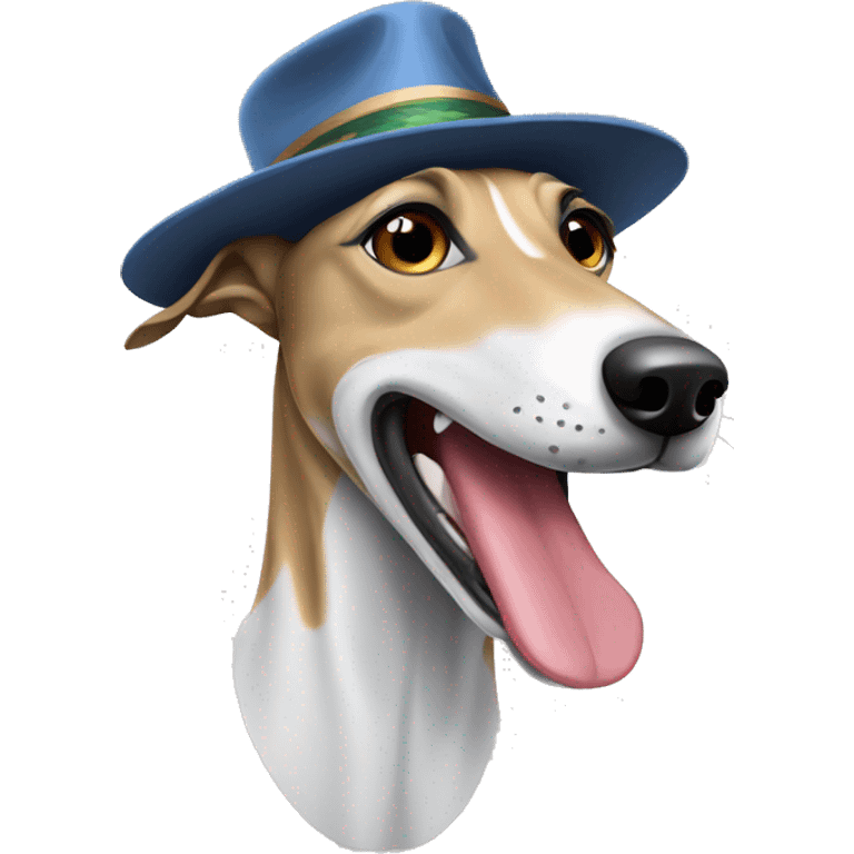 A greyhound dog smiles in a hat emoji