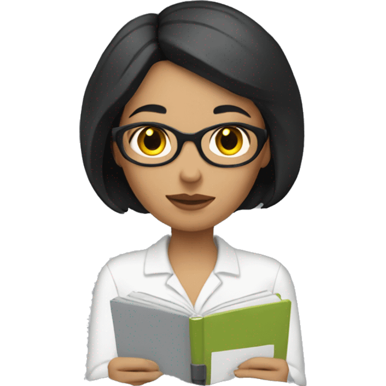 white woman with short black hair writing  a notebook emoji