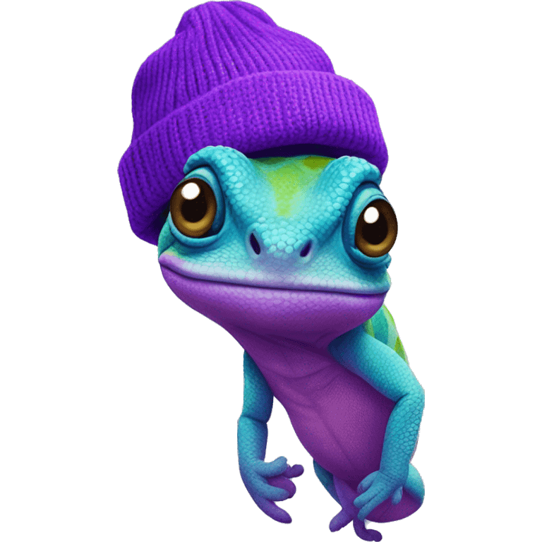 Chameleon wearing a purple beanie  emoji