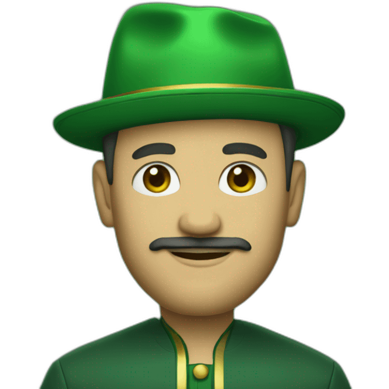 man with green hair green suit and large green top with gold strip hat goatee emoji