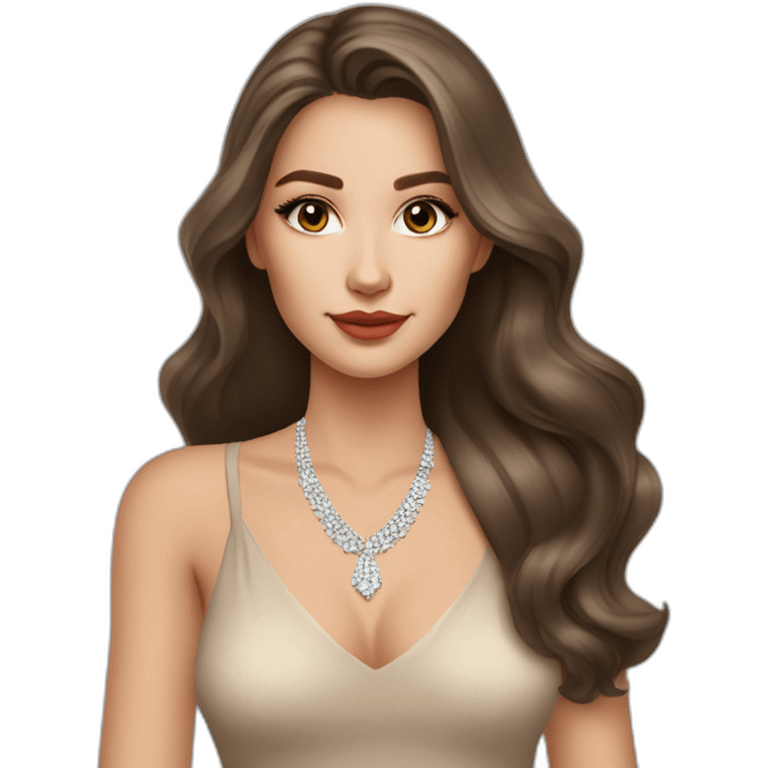 beautiful brunette russian girl with smooth skin long hair beige lipstick wearing low neck dress with a diamond necklace emoji