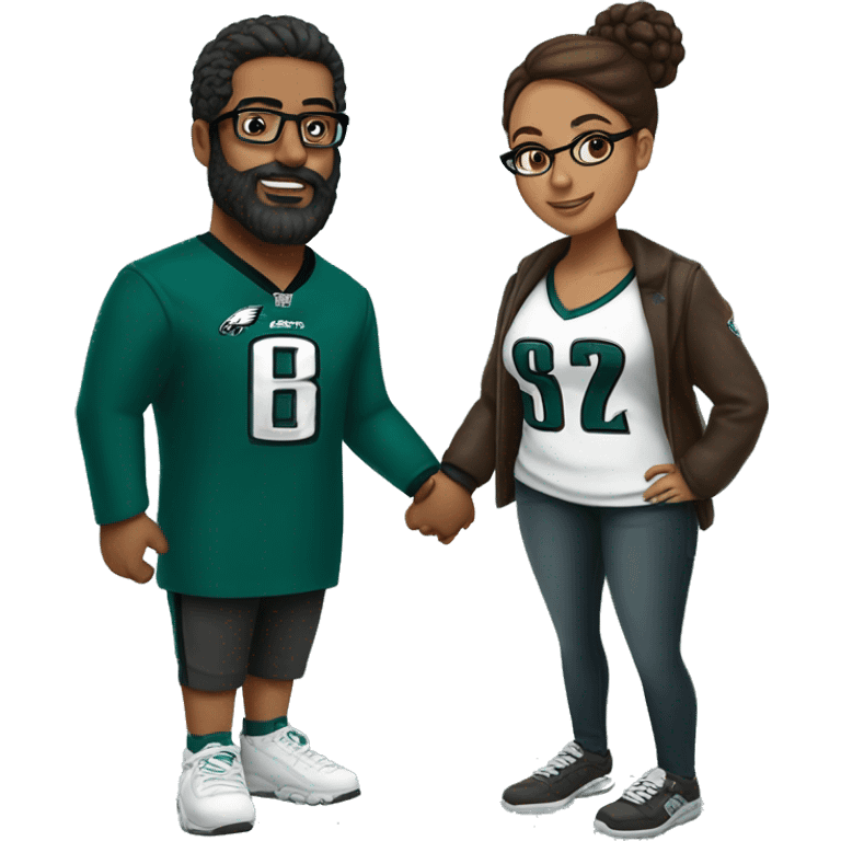 Brown guy with beard mustache and brown girl with glasses and her hair in a bun in Philadelphia eagles clothes holding hands emoji