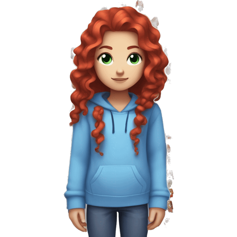 a white minecraft  girl with long red curly hair, wearing periwinkle Minecraft hoodie holding a controller emoji