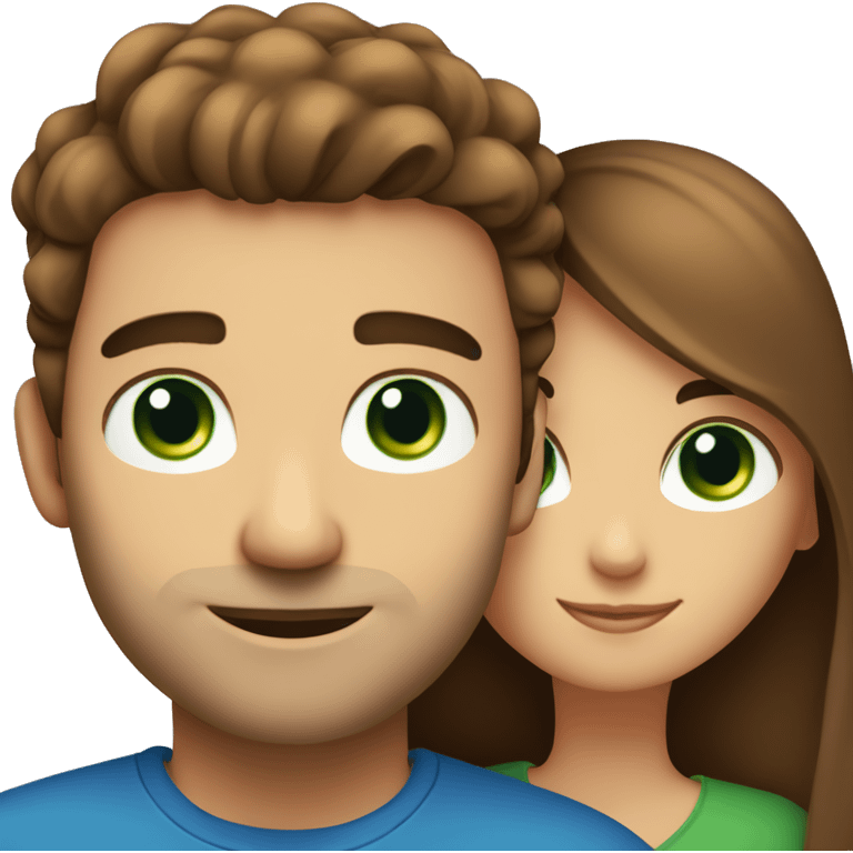 Man with brown hair and blue eyes  hugs woman with brown hair and green eyes emoji