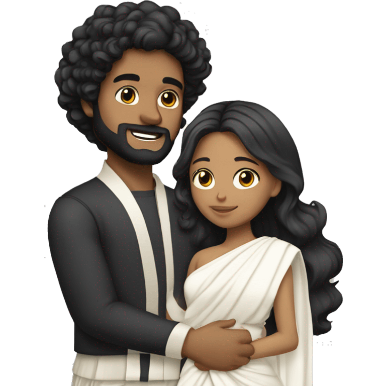 Light skin;Black long hair girl  in a white saree hugging with a man with black beard and curly hair on top emoji