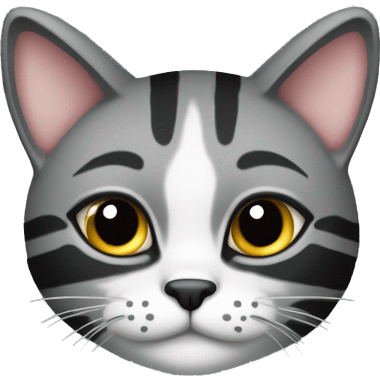 Eine dicke Katze schwarz grau getigert welche sitzt und einen mit großen Augen anschaut emoji