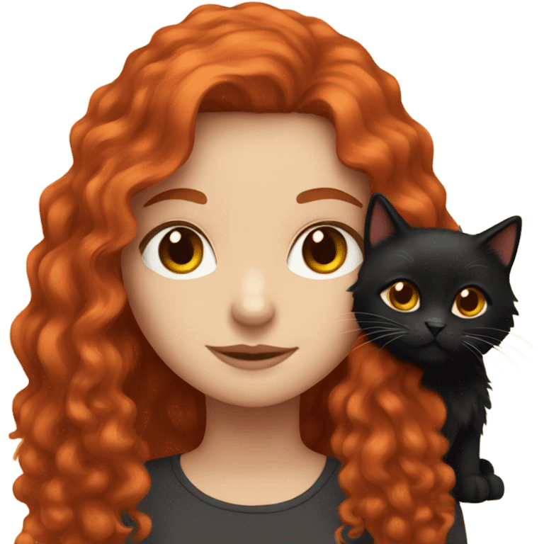 red haired girl with long hair and black fluffy cat emoji