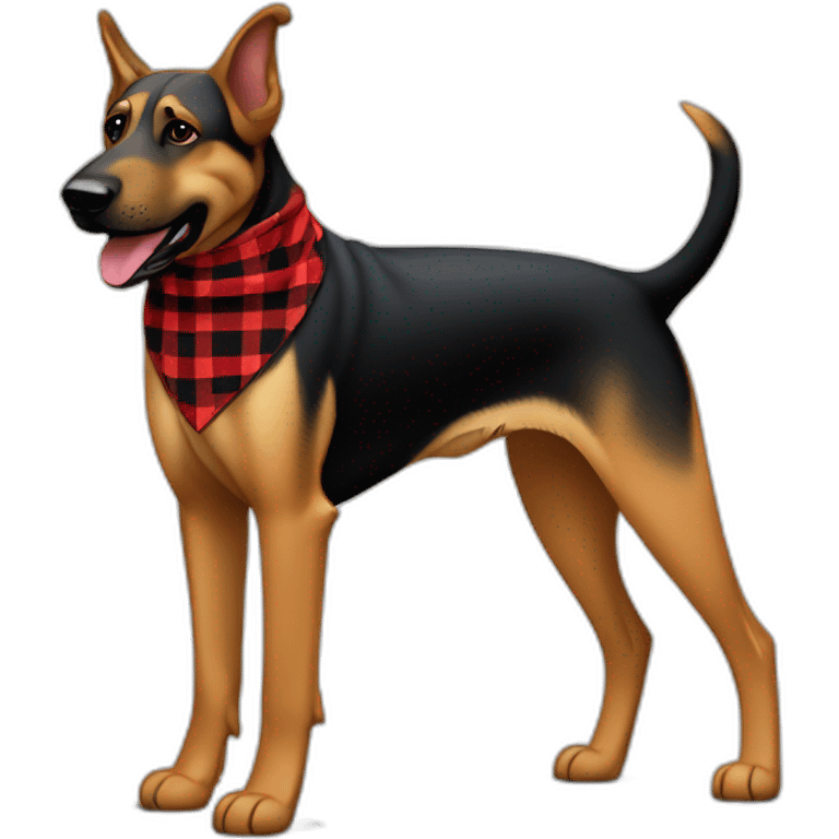 75% Coonhound 25% German Shepherd mix dog wearing small pointed red buffalo plaid bandana pointing down side view full body facing left emoji