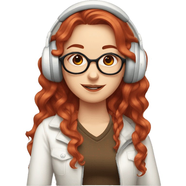 White girl with Peace Sign Hand, long red red wavy hair, square glasses, wearing headset and winking one eye emoji