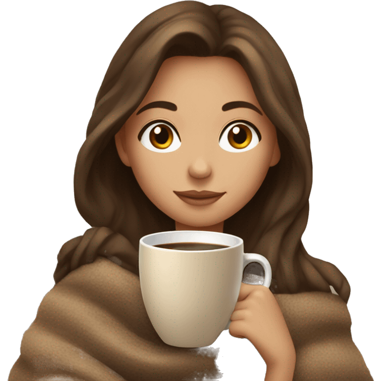 A beautiful girl with brown hair cozy with a nude blanket and a cup of coffee  emoji