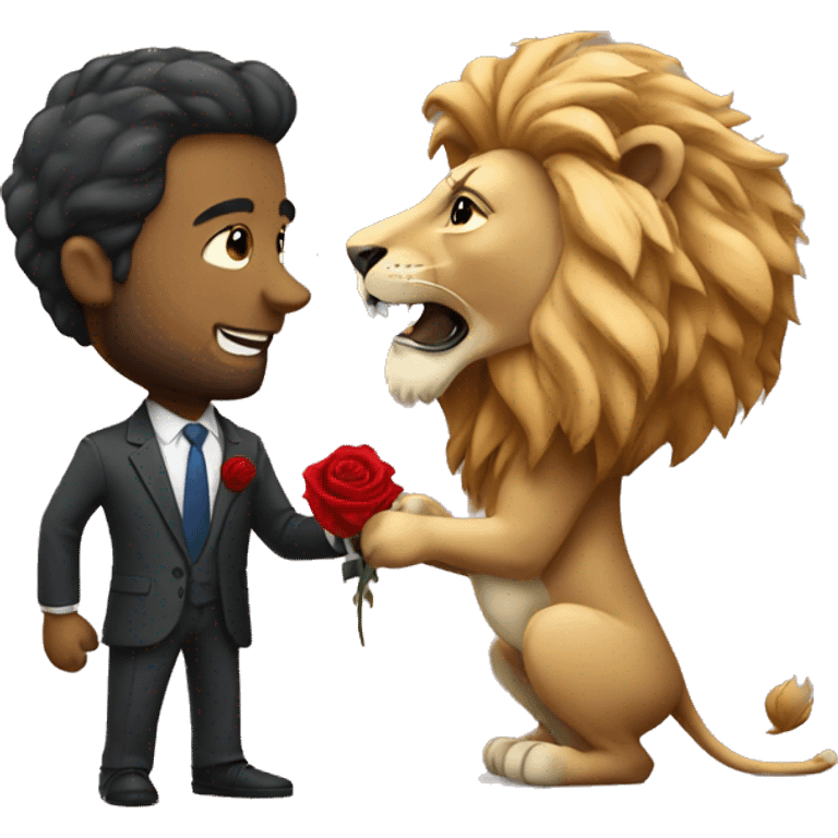 Lion wearing a suit and proposing with rose emoji