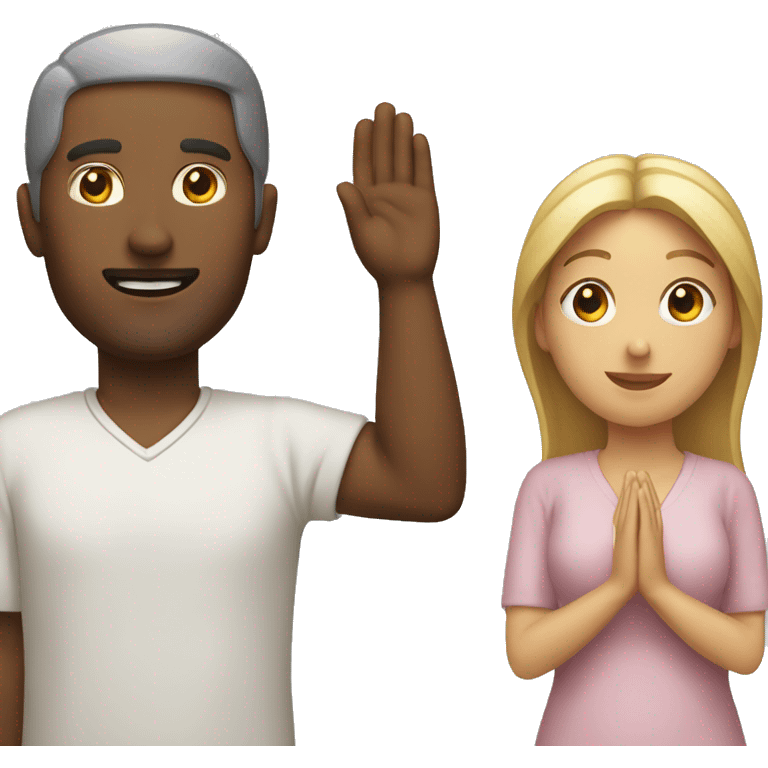 man raising hand with woman praying emoji