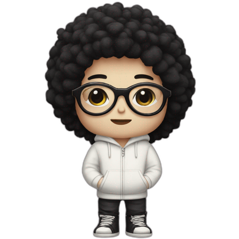 Pale boy, with fluffy black hair, black honeycomb shaped glasses, with a bone hairclip wearing a white hoodie with pink stripes emoji